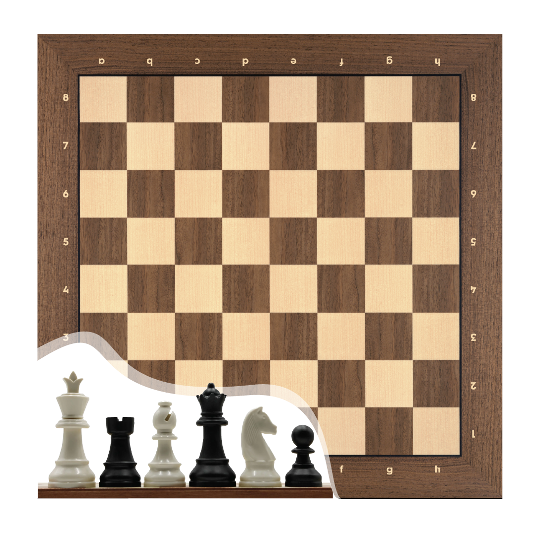 Profesyonel Satranç Taşları (85mm) - Notasyonlu Ceviz Ahşap Satranç Zemini (44x44 cm - UV Baskı)