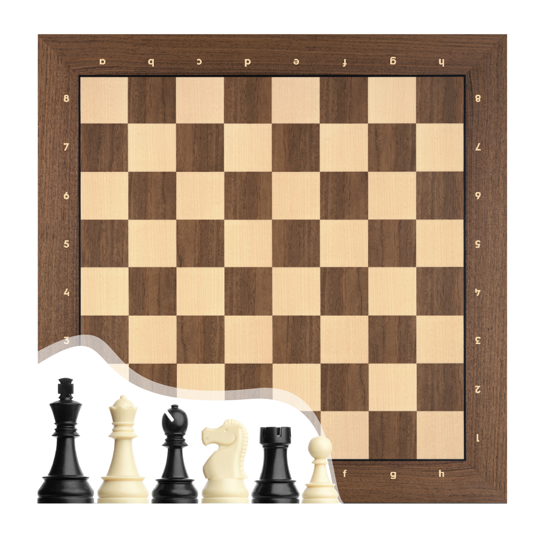 DGT Satranç Taşları (86mm) - Notasyonlu Ceviz Ahşap Satranç Zemini (44x44 cm - UV Baskı)