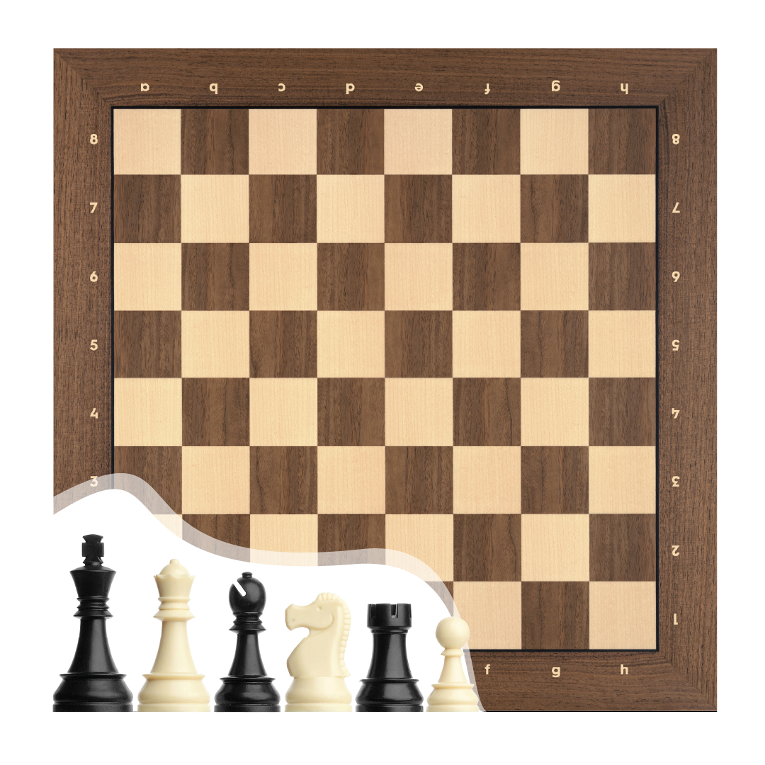 DGT Satranç Taşları (86mm) - Notasyonlu Ceviz Ahşap Satranç Zemini (44x44 cm - UV Baskı)