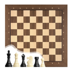 DGT Satranç Taşları (86mm) - Notasyonlu Ceviz Ahşap Satranç Zemini (44x44 cm - UV Baskı)